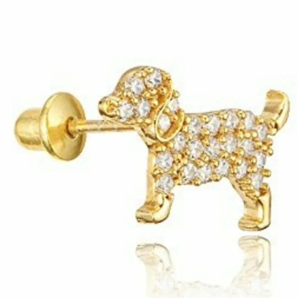 Kids Earrings 14k gold plated Dog Puppy CZ Girls.